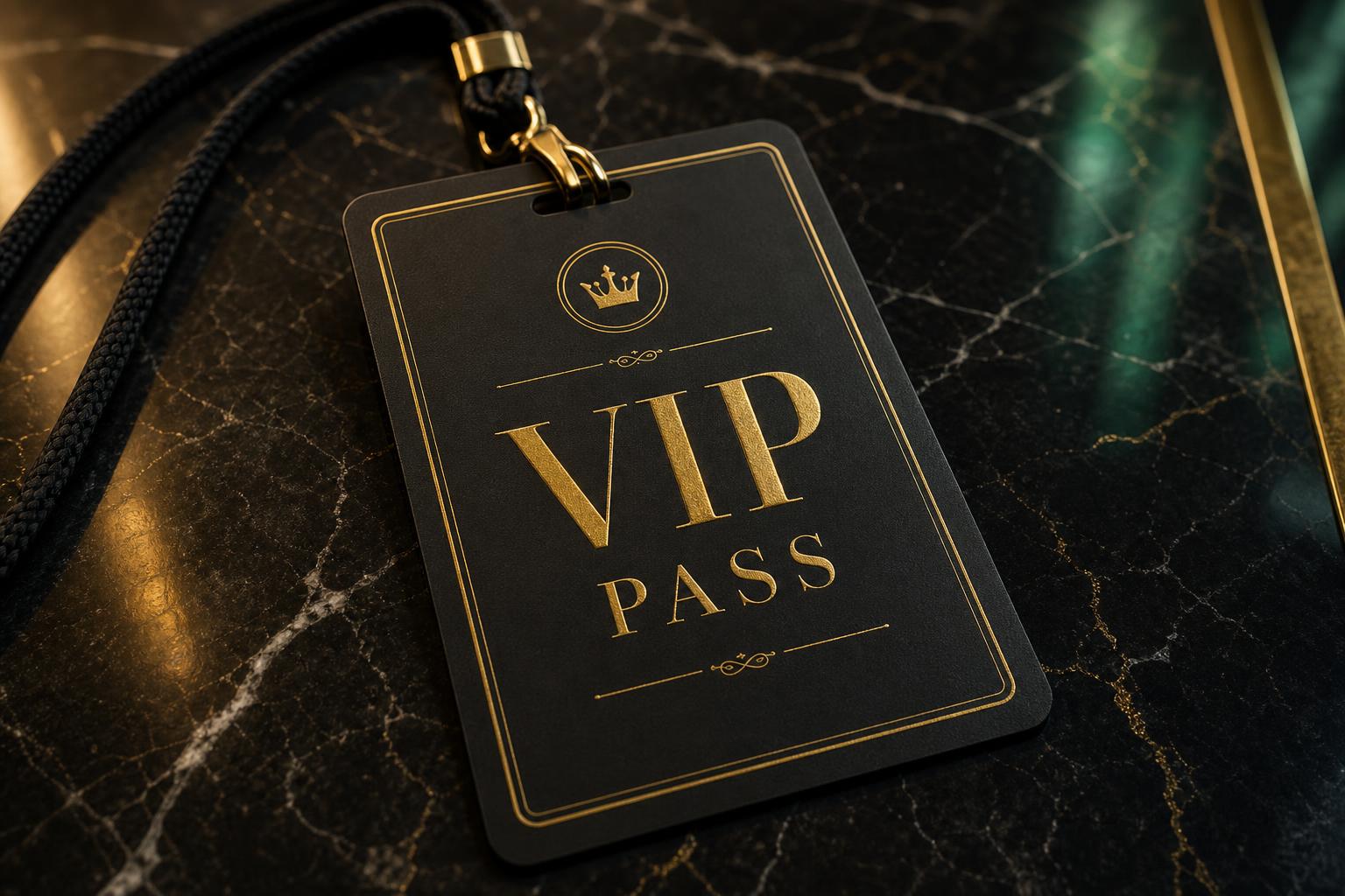 Luxury black and gold VIP Pass on a dark marble surface