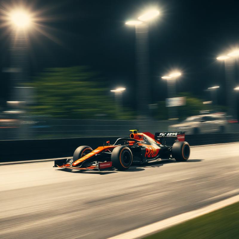 Formula 1 car racing under floodlights on a night circuit