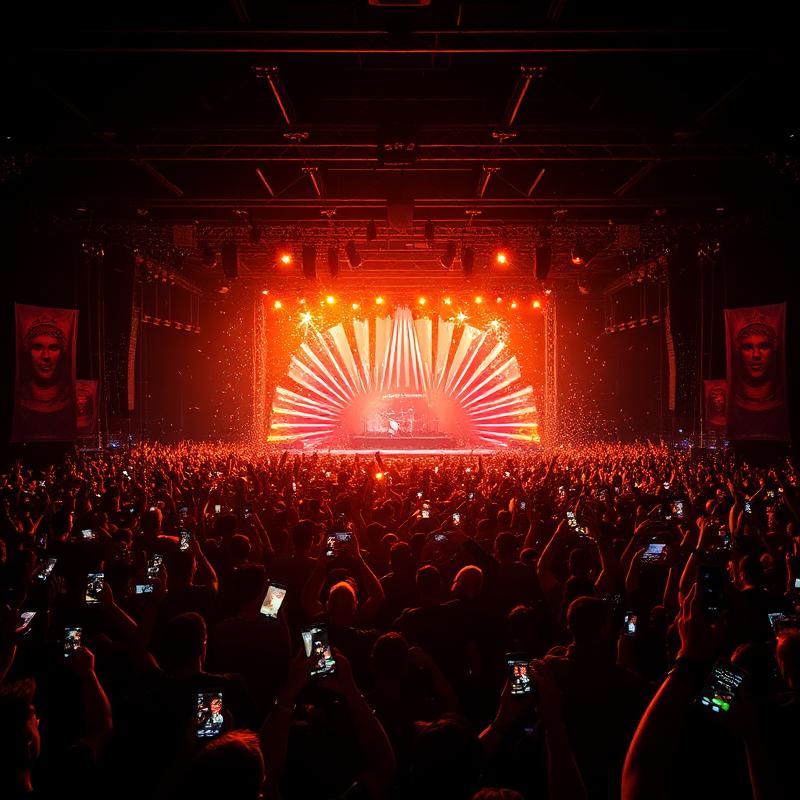 Massive concert crowd with raised lights seen from the stage